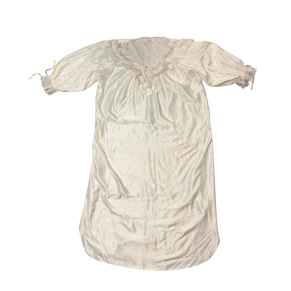 Vintage Barbizon Cream Satin Floral Embroidered Lace Nightgown Womens Medium‎